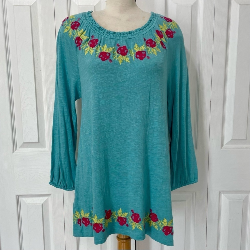 Floral Embroidered Teal Women's Dress Tunic Size Medium